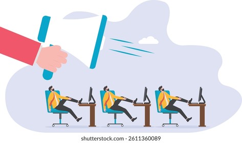 Angry foreman holding megaphone to urge lazy employees to work quickly

