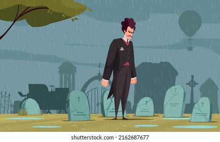 Angry Frankenstein Looking At Gravestone At Cemetery In Pouring Rain Cartoon Vector Illustration