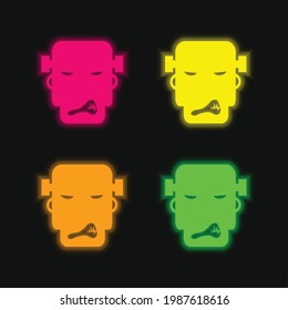 Angry Frankestein four color glowing neon vector icon