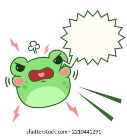 Angry frog. Toad head in kawaii cartoon style. Hand drawn animal with bubble speech. Pet vector illustration isolated on white background.