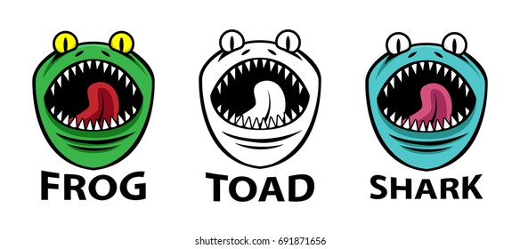 Angry Frog, Toad and shark mascots, vector