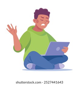 Angry Frown Man Character with Laptop Vector Illustration