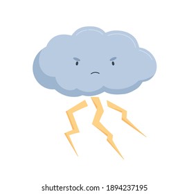 Nubes enojadas y fruncidas con rayos o truenos. Icono del clima de tormenta de truenos con un gracioso personaje infantil. Ilustración vectorial plana coloreada aislada en fondo blanco