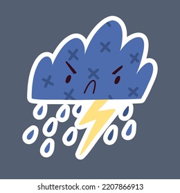 Angry and frowning cloud with lightning and rain. Cute thunderstorm weather Sticker with funny childish character. Hand drawn thunderstorm with face. Children's illustration. Cartoon style.