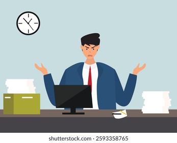 Angry, frustrated businessman or office employe working at office on computer. Office worker tired of work and screaming. Tired employee with mental burnout. cartoor, vector and illustration.