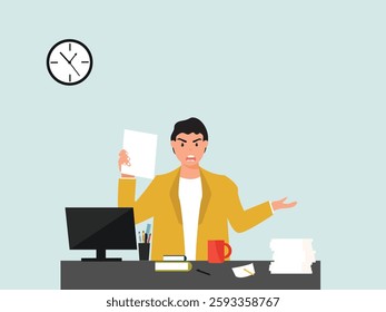 Angry, frustrated businessman or office employe working at office on computer. Office worker tired of work and screaming. Tired employee with mental burnout. cartoor, vector and illustration.