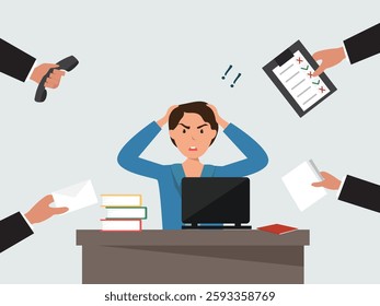 Angry, frustrated businessman or office employe working at office on computer. Office worker tired of work and screaming. Tired employee with mental burnout. cartoor, vector and illustration.