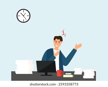 Angry, frustrated businessman or office employe working at office on computer. Office worker tired of work and screaming. Tired employee with mental burnout. cartoor, vector and illustration.