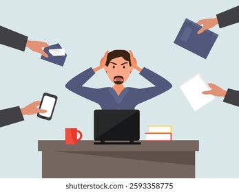 Angry, frustrated businessman or office employe working at office on computer. Office worker tired of work and screaming. Tired employee with mental burnout. cartoor, vector and illustration.