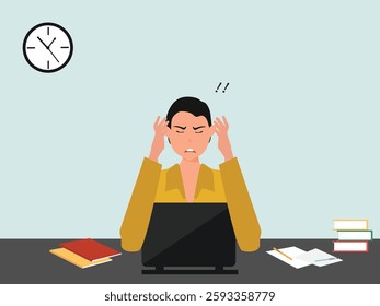 Angry, frustrated businessman or office employe working at office on computer. Office worker tired of work and screaming. Tired employee with mental burnout. cartoor, vector and illustration.