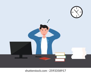 Angry, frustrated businessman or office employe working at office on computer. Office worker tired of work and screaming. Tired employee with mental burnout. cartoor, vector and illustration.