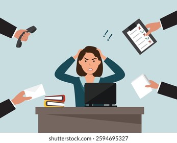 Angry, frustrated businesswoman or office employe working at office on computer. Office worker tired of work and screaming. Tired employee with mental burnout. cartoor, vector and illustration.