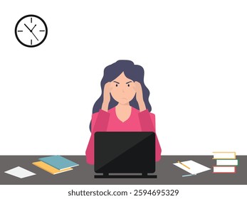 Angry, frustrated businesswoman or office employe working at office on computer. Office worker tired of work and screaming. Tired employee with mental burnout. cartoor, vector and illustration.