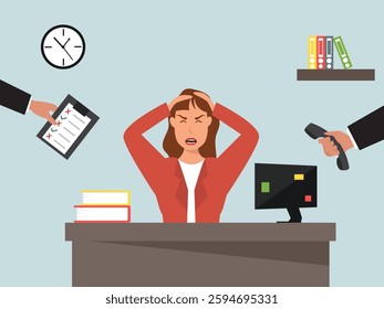 Angry, frustrated businesswoman or office employe working at office on computer. Office worker tired of work and screaming. Tired employee with mental burnout. cartoor, vector and illustration.