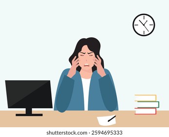 Angry, frustrated businesswoman or office employe working at office on computer. Office worker tired of work and screaming. Tired employee with mental burnout. cartoor, vector and illustration.