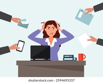 Angry, frustrated businesswoman or office employe working at office on computer. Office worker tired of work and screaming. Tired employee with mental burnout. cartoor, vector and illustration.