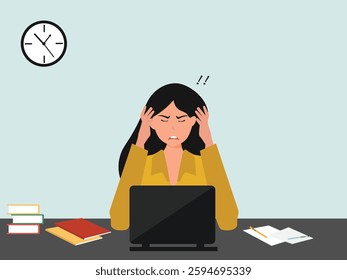 Angry, frustrated businesswoman or office employe working at office on computer. Office worker tired of work and screaming. Tired employee with mental burnout. cartoor, vector and illustration.