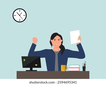 Angry, frustrated businesswoman or office employe working at office on computer. Office worker tired of work and screaming. Tired employee with mental burnout. cartoor, vector and illustration.