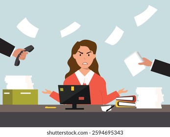 Angry, frustrated businesswoman or office employe working at office on computer. Office worker tired of work and screaming. Tired employee with mental burnout. cartoor, vector and illustration.