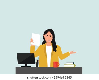 Angry, frustrated businesswoman or office employe working at office on computer. Office worker tired of work and screaming. Tired employee with mental burnout. cartoor, vector and illustration.