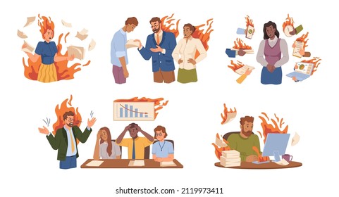 Angry or frustrated employees meeting deadlines, having conflicts with employer or team. Vector stressed personage with documents and projects. Fire and flame, flat cartoon characters in trouble
