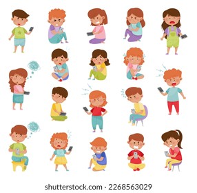 Angry and Frustrated Kids with Mobile Phones Big Vector Set