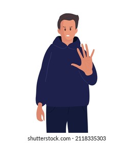 Wütend frustrierter Mann stehend und drückte Ablehnung Position. Geste der Uneinigkeit. Junge Kaukasier Mann mit Casuale-Kleidung. Farbige, flache Cartoon, Vektorgrafik einzeln.