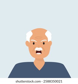 Angry frustrated senior man screaming. Irritation, mad expression, frustration and negative emotion vector graphic illustration.