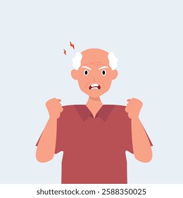 Angry frustrated senior man screaming. Irritation, mad expression, frustration and negative emotion vector graphic illustration.