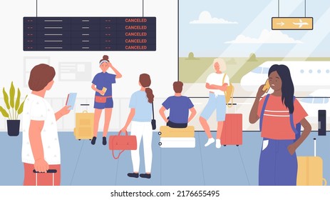 Angry frustrated travellers wait for flight in airport terminal building vector illustration. Cartoon worried people with baggage looking at board with announcement about flight cancelled background