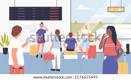 Angry frustrated travellers wait for flight in airport terminal building vector illustration. Cartoon worried people with baggage looking at board with announcement about flight cancelled background