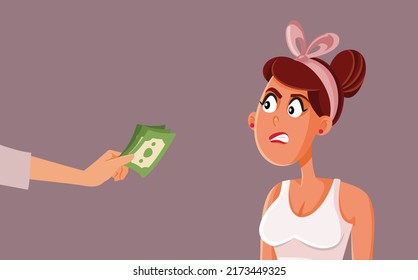 Angry Frustrated Woman Receiving Money Vector Cartoon Illustration. Upset Waitress Receiving A Bad Tip Feeling Unhappy And Grumpy
