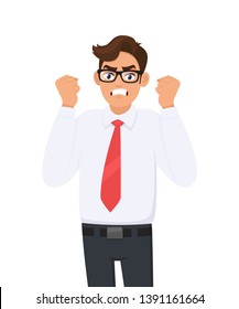 Angry, frustrated young businessman  raised his hand fists shout/screaming. Evil, negative, bad facial expression. Human emotion and body language concept illustration in vector cartoon style.