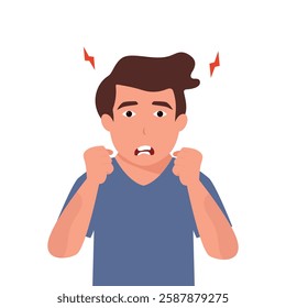 Angry frustrated young man screaming. Irritation, mad expression, frustration and negative emotion vector graphic illustration.