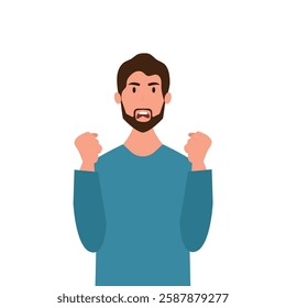 Angry frustrated young man screaming. Irritation, mad expression, frustration and negative emotion vector graphic illustration.