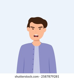 Angry frustrated young man screaming. Irritation, mad expression, frustration and negative emotion vector graphic illustration.