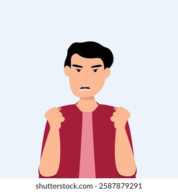 Angry frustrated young man screaming. Irritation, mad expression, frustration and negative emotion vector graphic illustration.