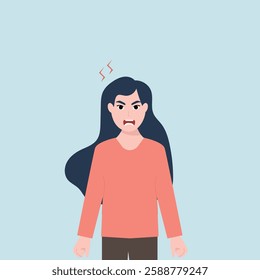 Angry frustrated young woman screaming. Irritation, mad expression, frustration and negative emotion vector graphic illustration.