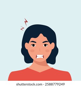 Angry frustrated young woman screaming. Irritation, mad expression, frustration and negative emotion vector graphic illustration.