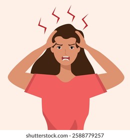 Angry frustrated young woman screaming. Irritation, mad expression, frustration and negative emotion vector graphic illustration.