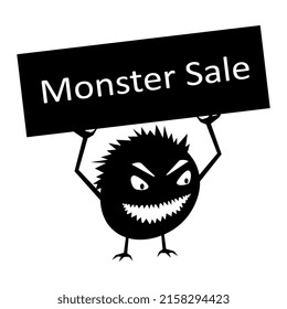 Angry funny monster is holding a sale sign. A small creature for campaigning in online stores. Isolated vector.