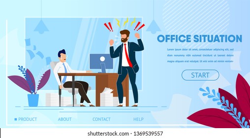 Angry Furious Boss Character Yelling at Employee Office Worker Sitting at Desk with Computer and Documents. Businessman in Stress Deadline Situation Cartoon Flat Vector Illustration. Horizontal Banner