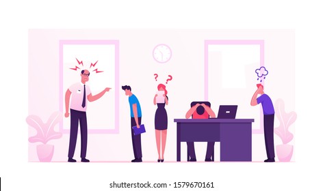 Angry Furious Boss Character Yelling at Office Employees. Worker Sitting at Desk with Computer and Documents Hiding Head. Businesspeople in Stress Deadline Situation. Cartoon Flat Vector Illustration