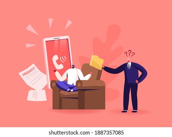 Angry Furious Boss Character Yelling at Male Employee Scolding for Incompetent Work. Businessman Worker Ignoring Problem Meditating during Deadline, Office Urgency. Cartoon People Vector Illustration