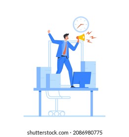 Angry Furious Boss Character Yelling at Employee Office Workers Stand on Desk with Computer and Huge Piles of Documents. Businessman in Stress Deadline Situation. Cartoon Vector Illustration.