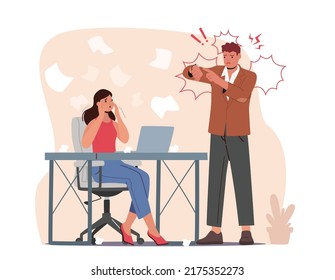 Angry Furious Boss Characters Show on Wrist Watch Scolding and Rebuking Incompetent Female Employee Remind of Deadline. Ceo Shouting on Stressed Businesswoman at Office. Cartoon Vector Illustration