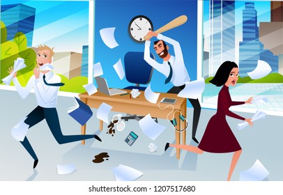 Angry and Furious Boss Goes Mad and Crushing Workplace with Baseball Bat, Frightened Office Workers Running Away Cartoon Vector Illustration. Nervous Breakdown Because of Problems or Stress at Work