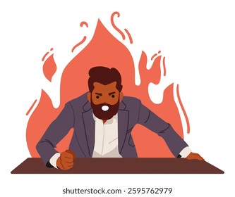 Angry furious businessman character burning in flame of rage and displeasure losing temper in annoyance hitting desk with fist and yelling threatening defending and proving opinion vector illustration