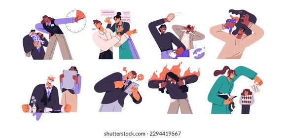 Angry furious irritated people set. Expression of anger, irritation, aggression emotions. Exasperated characters. Bad temper concept. Flat graphic vector illustrations isolated on white background