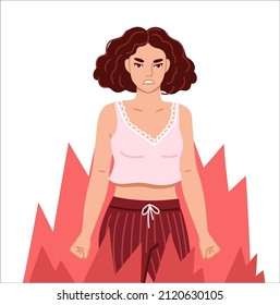 Angry furious irritated woman clenching fists, on the verge of psychological breakdown, surrounded by fire. Hand drawn character. Flat isolated vector illustration.